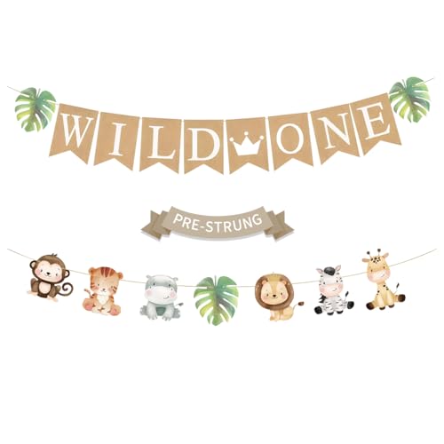 Image of Weecent Pre-Strung 6ft Burlap WIld One Banner for 1st Baby Birthday Decorations Jungle Safari Theme Neutral Jungle Animals Gender Reveal Party Decor