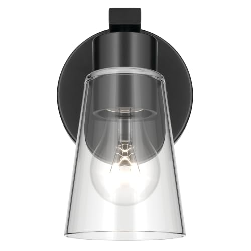Image of Kichler Stamos 8 inch 1-Light Soft Modern Wall Sconce with Clear Glass in Black, (8 inch H x 5 inch W), 52437BKCLR