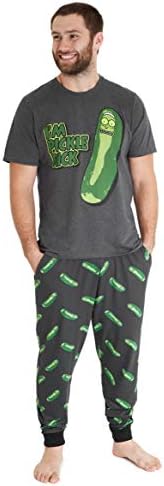 Rick and Morty Mens Pyjamas, 2 Piece PJs Set With Mens Lounge Pants & Short Sleeve Top, 100% Cotton Pajama Sets, Nightwear For Men Teenagers, (Grey/Green Pickle, XL)