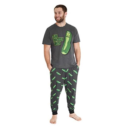 Rick and Morty Herrpyjamas 2-delat set med herrars loungebyxor och kortärmad topp, 100 % bomullspyjamaset, nattkläder för män tonåringar, Grå/grön saltgurka, XXL