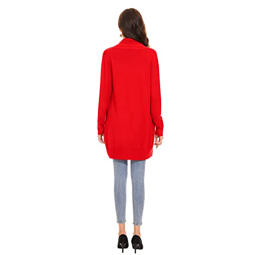 Huuloo Women's Open Front Long Shawl Cardigan Sweater With Pockets Red #TOP2
