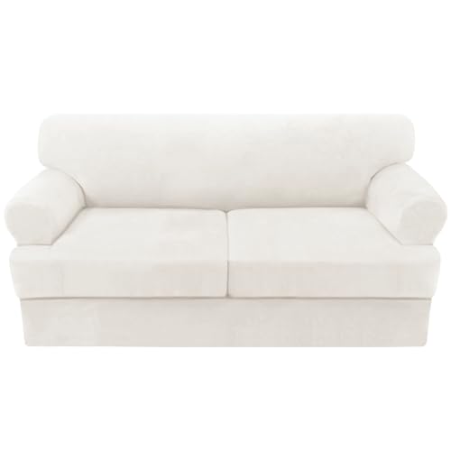 H.VERSAILTEX Sofa Cover 3 Piece T Cushion Sofa Slipcovers Thick Velvet Couch Cover Stretch T Cushion Sofa Covers for 2 Cushion Couch with 2 Individual T Cushion Covers, Porcelain White