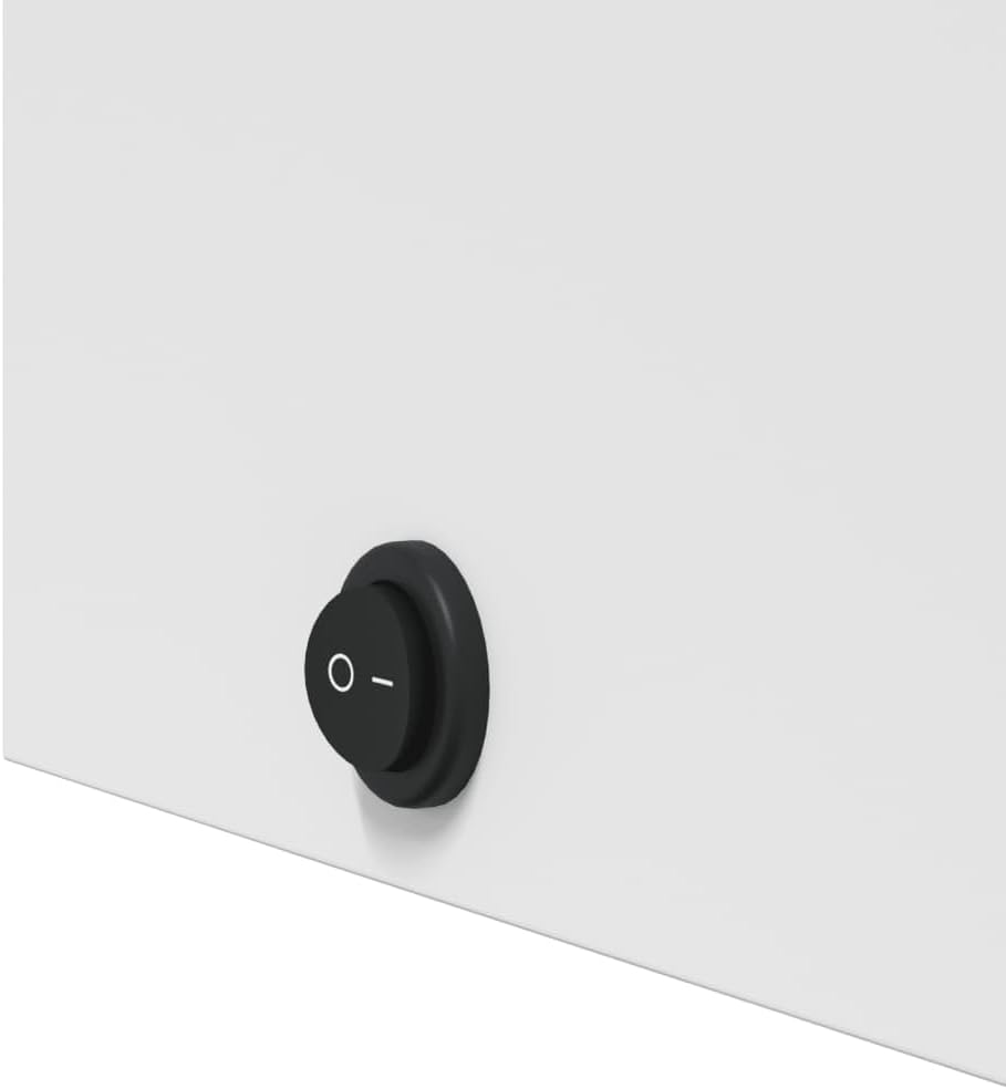 Close-up of the circular on/off switch located on the side of the vidaXL LED Mirror Bathroom Cabinet.