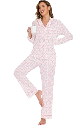 Image of LUBOT 100% Cotton Pajamas for Women Pajama Set 2 Piece PJ Sleepwear Set Soft Ladies Button Knit Long Sleeve Loungewear XS-XXL