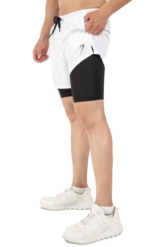 FUAARK Men’s 2 in 1 Running Shorts 5" Quick Dry Gym Athletic Workout Shorts for Men (XL, White)