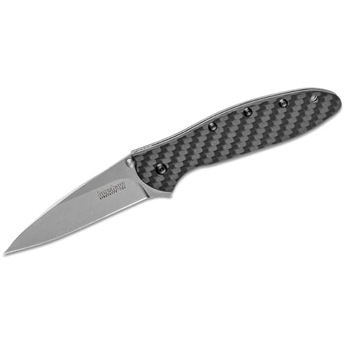 Kershaw Leek Carbon Fiber (1660CF); Pocket Knife with 3 Stonewashed CPM 154 Steel Blade, Black Carbon Fiber Handle, SpeedSafe Assisted Opening, Frame Lock, Tip Lock and Reversible Pocketclip; 2.3 OZ
