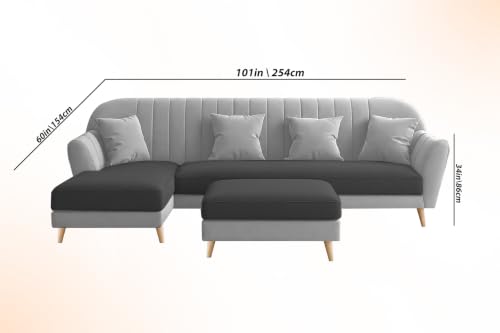 Image of Atticus LHS 6 Seater L Shape Sofa Set with Ottoman Living Room (Black Grey Colour Fabric) Premium Fabric Sofa Set for Living Room