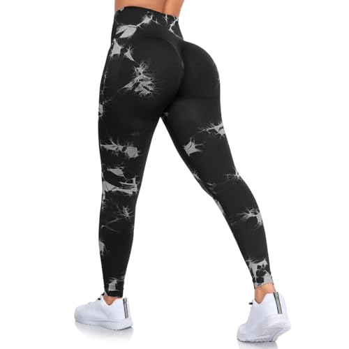 DUROFIT Leggings Sportivi da Donna Tie Dye Leggins Push Up a Vita Alta Pantaloni Compressione Yoga Pants per Pilates Fitness, Nero S