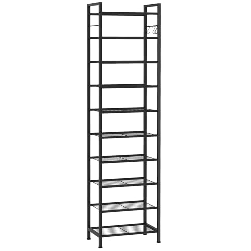usikey 10 Tiers Narrow Shoe Rack 20-30 Pairs, Sturdy Metal Tall Shoe Rack Shelf with 4 Hooks, Slim Shoe Storage with Metal Shelf, Space Saving Vertical Shoe Organizer for Entryway, Closets, Black