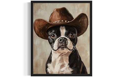 aj decor Boston Terrier Cowboy Hat Wall Art Print Poster, Dog Pet Lover Picture Painting Artwork Bedroom Living Room Office Dining Room 150D (Boston Terrier Cowboy Hat, 8 x 10 inches, Unframed)