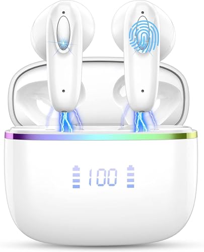 Image of Wireless Earbud Bluetooth 5.3 Headphones, Hi-Fi Stereo Ear Buds with 4 ENC Cancelling Mics, 40H in-Ear Earphones IP7 Waterproof Sports, LED Display, Mini Headset for Laptop Pad TV, Android /iOS ROMOKE