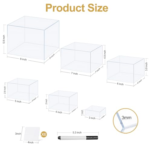 6 Stück Acryl Buffet Ständer - 3,4,5,6,7,8 Zoll Verschiedene Würfelgrößen Essen Display Ständer, Dessert-Ständer mit hohlen Böden, Klar Display Ständer für Hochzeiten, Geburtstag, Dessert, Cupcake
