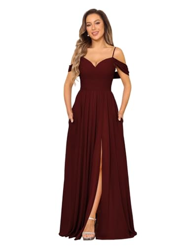 Off Shoulder Bridesmaid Dresses Long Slit 2025 Sweetheart Chiffon A Line Formal Party Dress with Pockets XOD010