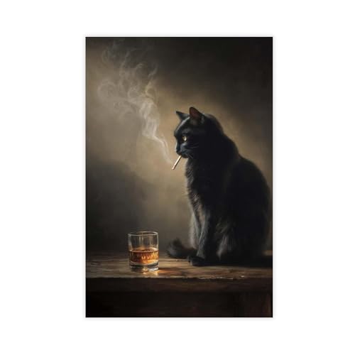 Poster sur toile chat noir fumant grand format idée déco murale chambre et bureau