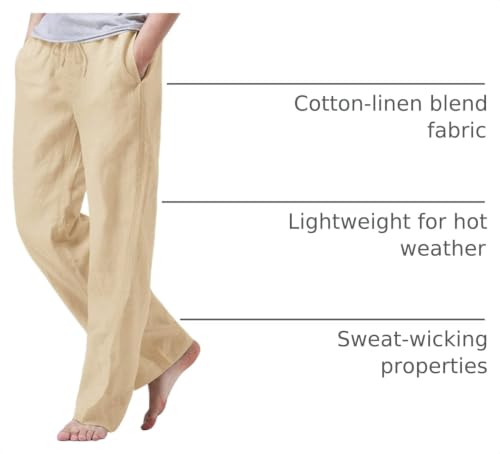 Image of iWoo Linen Pants Men Casual 2025 Summer Beach Elastic Drawstring Waist Yoga Pants Travel Baggy Work Pant Pajama