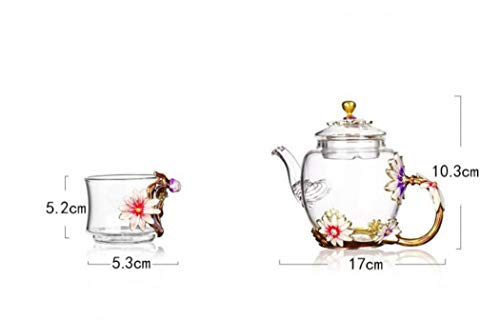 Ouyee Mini Enamel Heat Resiant Glass Tea Kettle With 6 Fancy Cups, Gold Leaves Edge Lourful Flower Pattern Floral Vintage Teapot Tea Party Set #TOP1