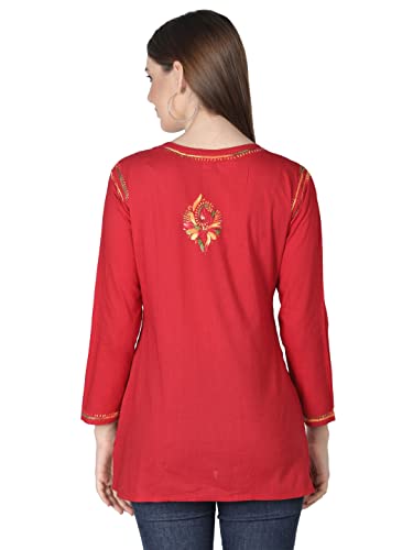 Image of Seva Chikan Hand Embroidered Lucknowi Chikankari Cotton Short Kurti Tunic Top for Women SCL4076