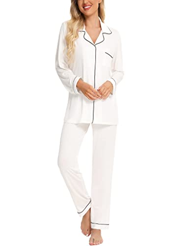Leikar Button Up Pajama Set For Women Long Sleeve Shirt And Pajama Pants Soft Pjs Lounge Sets S-Xxl White #TOP1