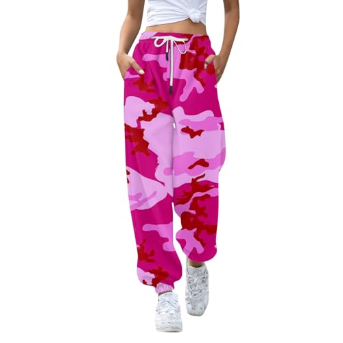 Trainingshose Damen Locker Schnittschutzhose Y2k Jogginghose Damen Jogginghose Jogginghose Damen Jogginghose Damen High Waist Fitnesshose Damen Lang Schlafanzughose Damen Lang(1-Hot Pink,3XL)