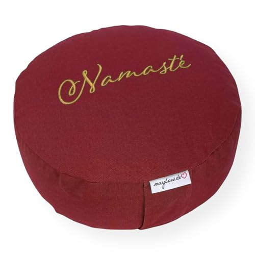 maylow Yoga mit Herz® Hochwertige Meditationskissen Yogakissen Stickerei Namasté Bezug waschbar Innenkissen Buchweizenschalen Ø33 cm H:15cm (Personalisierung nach Wunsch) (Namasté buddh.rot)