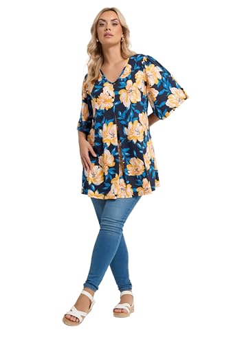 Image of Yours Curve Blue & Yellow Floral Pleat Front Top - Women's - Plus Size Curve