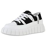  VAN HILL Damen Plateau Sneaker Prints Schuhe Keilabsatz Schnürer Profilsohle Keilsneaker Freizeit Plateauschuhe 211828 Schwarz 38