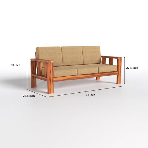 Image of Solid Wooden 5 Seater Sofa Set with Beige Cushion | Sheesham Wood Sofa Set 3+1+1 Sofa for Living Room in Natural Teak Finish