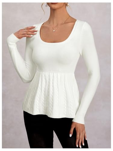 Image of Women's Scoop Neck Peplum Sweater Long Sleeve Cable Knit Dressy Casual Pullover Tops