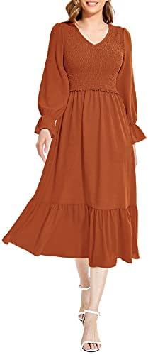 MUADRESS Women’s 2023 Casual Long Sleeve V-Neck Elastic Waist Smocked Flowy Tiered Midi Dress