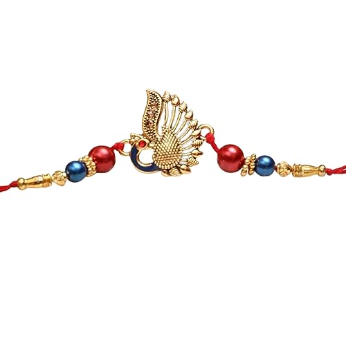 Image of eCraftIndia Red, Blue & Golden Designer Peacock Rakhi with Roli Chawal Pack - Rakhi for Brother