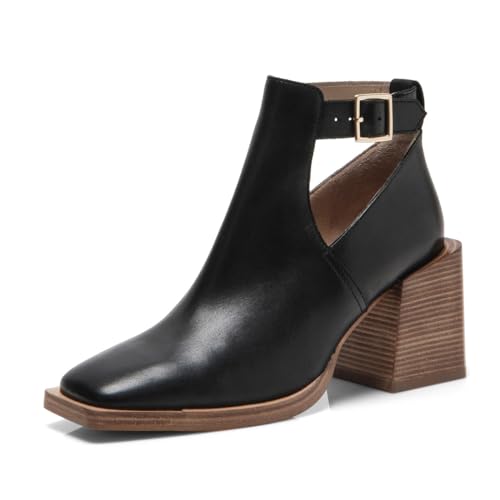 miss left Women Retro Closed Square Toe Cutout Ankle Booties Strap Buckle High Stacked Heel Winter Fall Boots Classic Business Office Daily Shoes Size 4-16 US