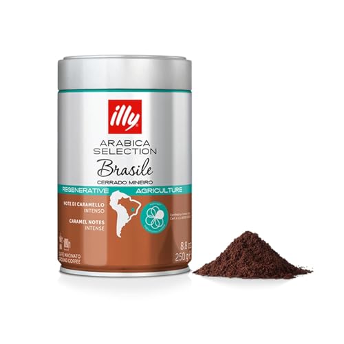 illy, Gemahlener Kaffee für Espresso Arabica Selection Brasile Cerrado Mineiro, 100{4da2a697aea732089688d393f46a6602745f20497e3199546572a50bc8670d02} Arabica mit Karamell- und Trockenfrüchten, Ausgewogener Geschmack, 1 Dose mit 250g