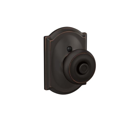 Image of Schlage F40 GEO 716 CAM Georgian Door Knob with Camelot Trim, Bed & Bath Privacy Lock, Aged Bronze