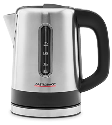 GASTROBACK 42445 Design Wasserkocher Camping, 1 Liter Edelstahl-Behälter mit Füllstandsanzeige, beleuchtetes Bedienfeld, Warmhaltefunktion, 1.000 Watt Silber, Edelstahl