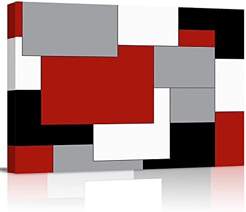 Oil Painting Canvas Artworks Abstract Red Black Grey White Color Block Photo Prints Wall Art Splicing Geometric Plaid Stretched and Framed Poster Pictures for Kitchen Walls Decor Ready to Hang