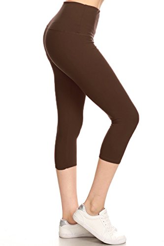 LY5CPX128-BROWN 5" Waistband Yoga Solid Capri Leggings, Plus Size