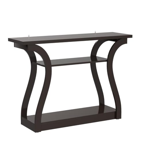 SUPER DEAL Narrow Console Table, 3 Tier Entryway Table, Wood Sofa Table Decorative Hallway Table with Shelves, Curved Frame for Living Room Front Door Entrance, 47 in Espresso