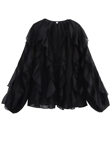 HangNiFang Ruffled Multi-Layered Summer Blouse for Women Trendy Semi See Through V-Neck Long Sleeve Button Chiffon Shirt Tops