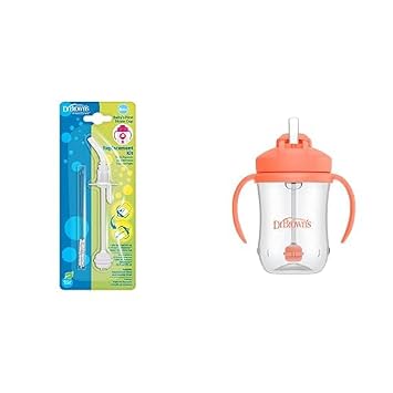 Dr. Browns Babys First Straw Cup Replacement Kit One and Cleaning Brush, BPA & Milestones Babys Cup, Training Weighted Straw, Coral, 6m+