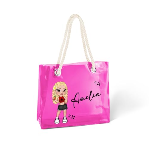 Personalized Clear Tote Bag Waterproof Y2K PVC with Rope Handles Custom Cartoon Character and Name on Neon Clear Beach Bag- Birthday Concert Bridal Party Gift for Women