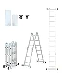 CO-Z 7-in-1 Multi-Purpose Ladder, 3.5 m Aluminium Combination Stepladder with 2 Metal Plates and 12 Steps 150 kg Capacity, Articulated Staircase Extension Scaffold Stairs in One, Silver