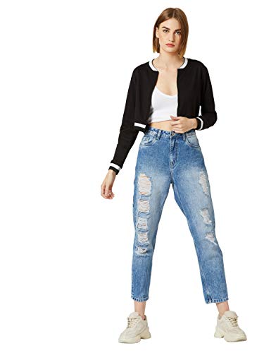 Image of Miss Chase Women's Off White V-Neck Full Sleeves Bomber Cropped Jacket