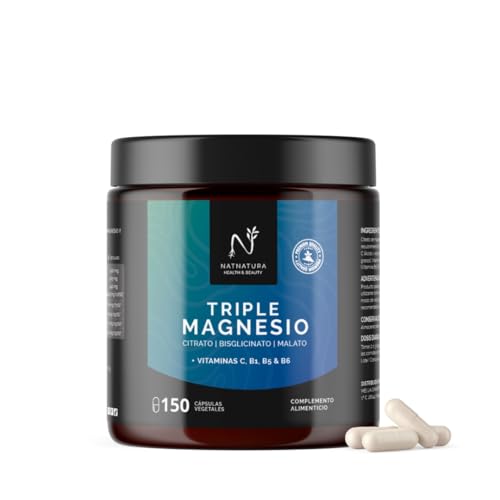 Magnesio Triple – Citrato de magnesio, Bisglicinato y Malato | 442 mg de magnesio elemental por dosis + Vitaminas B1, B5, B6 y C | Antifatiga, Calambres y Recuperación Muscular | 150 cápsulas.