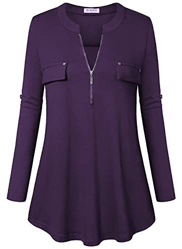 Image of Bulotus 3 /4 Length Sleeve Womens Striped Tops Zipper V Neck Collared Blouses Business Casual Tunics 2026 Spring Trendy