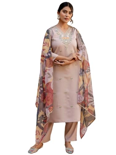 Image of Naixa Women's Chanderi with Cotton Lining Embroidered Straight Kurta with Pant and Dupatta Sets (NX2-570)