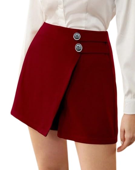 Women's Wrap Style Skort with Decorative Buttons, High-Waisted Design Mini Skirt-image-44