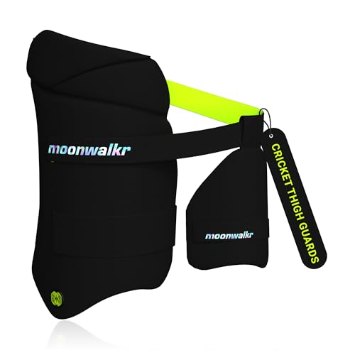 moonwalkr Thigh Guard 2.0 Protective Gear for Batter’s Height (5’9”- 6’2”) Cricket Thigh Pad Cricket Accessories & Equipment Safeguarding Both Your Outer and Inner Thighs Black (Large, Left Hand)