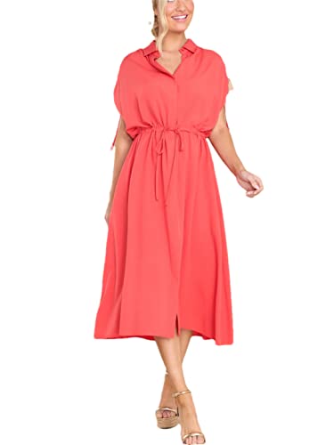 Robe à revers cordon de serrage femme vêtement décontracté rouge unie S