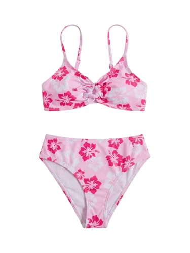 Image of COZYEASE Girls' 2 Piece Ditsy Floral Print Knot Front Ruched Triangle Bikini Swimsuit