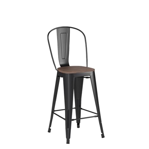 Juego de 4 butacos industriales Yongchuang de altura para barra, estructura metálica negra y asiento de madera laminada con respaldo alto miniatura 4